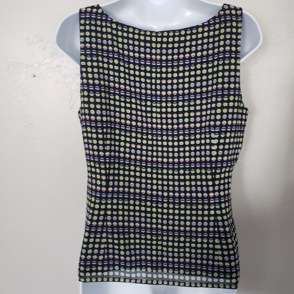 St. John Women's Small Black Sleeveless Blouse Colorful Circles Print Zip Side - Picture 2 of 8